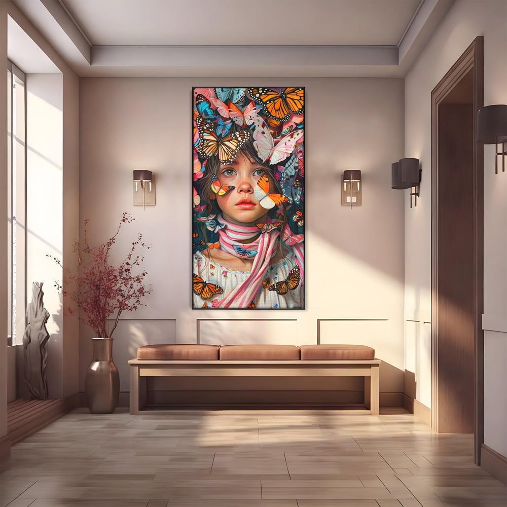 Tablou canvas cu tablou canvas cu fata si fluturi colorati, in rama de aluminiu negru
